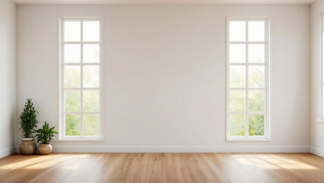 Bright and airy empty room with wooden floor and two large windows showing nature