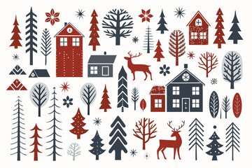 Festive winter scene with stylized trees houses reindeer and snowflakes © Bablu