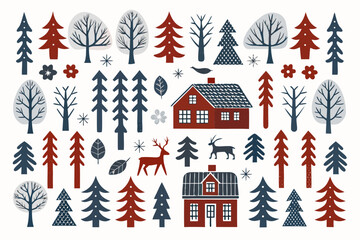 Stylized winter scene with trees a house reindeer and floral elements © Bablu