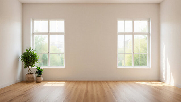 Sun-drenched empty room with warm wood floors and two windows framing outdoor green