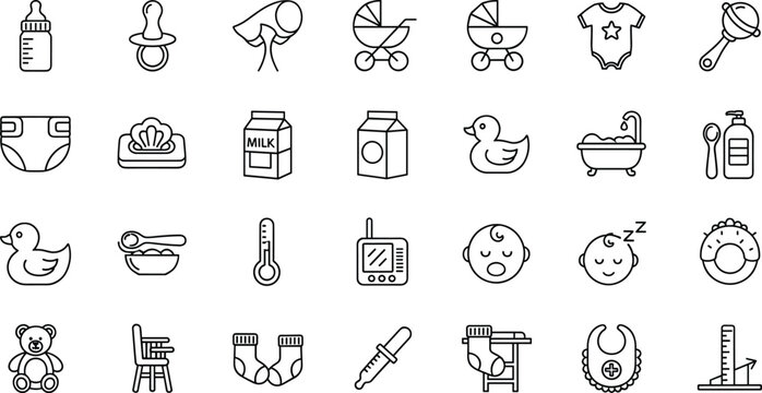 Baby Care and Newborn Line Icons Set Featuring Bottle, Pacifier, Stroller, Diaper, Toy, Bath, Thermometer and Nursery Symbols
