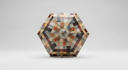 Obraz premium Colorful patchwork geometric umbrella with intricate fabric design and pentagonal shape