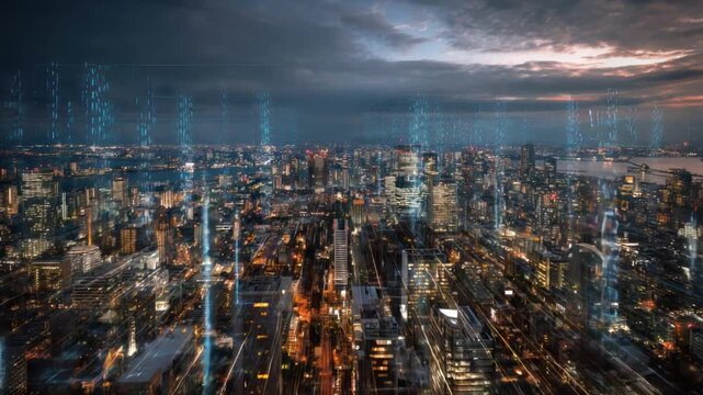 Metropolitan Symphony: A breathtaking view of a sprawling metropolis at twilight, its cityscape illuminated by a symphony of lights. Data streams weave through the urban landscape.
