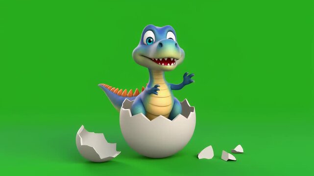 Blue Baby Dinosaur Sitting Inside Broken Egg Shell on Green Screen