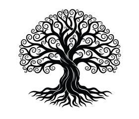 Intricate tree of life with swirling branches and roots