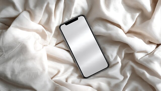 Modern bedtime smartphone mockup on crumpled bed sheets viewed from above