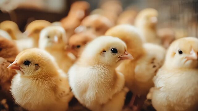 Adorable fluffy baby chicks group together farm