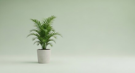 Obraz premium Fresh green palm plant in minimalist white pot against clean light green background for interior decoration