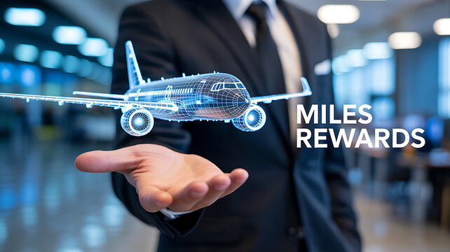 Businessman holding digital airplane with miles rewards