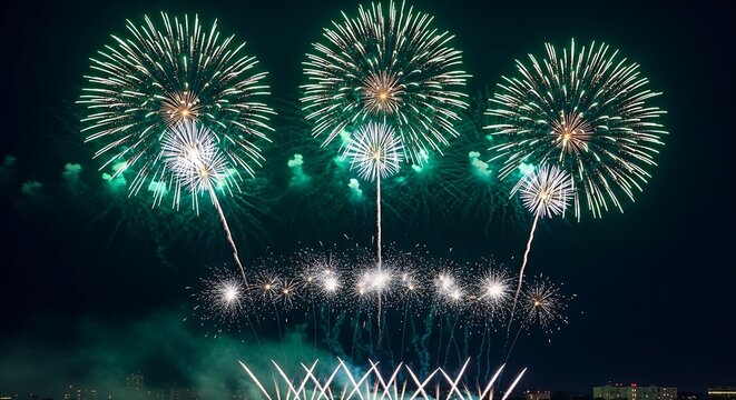 Spectacular Green Fireworks Display Illuminating the Night Sky.