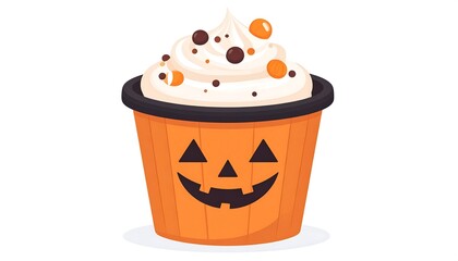 A cute, illustrated cupcake designed for Halloween. The orange, jack-o-lantern cup features creamy frosting topped with chocolate and orange sprinkles