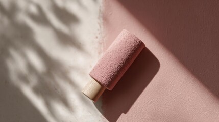 Obraz premium Pink paint roller lying on a pink wall. the roller is cylindrical in shape and has a wooden handle on one end. the paint roller is resting on the wall, casting a shadow on the left side of the image.