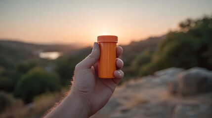 A hand holds an orange pill bottle against a blurred sunset landscape