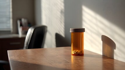 An orange prescription bottle containing pills sits on a polished wooden table bathed in light and shadow in an office environment
