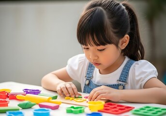 Young girl playing with colorful modeling clay and shape cutters