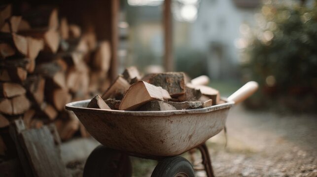 Wheelbarrow full of firewood. the wheelbarrows are made of metal and have four wheels. the firewood is stacked on top of each other and appears to be freshly cut.