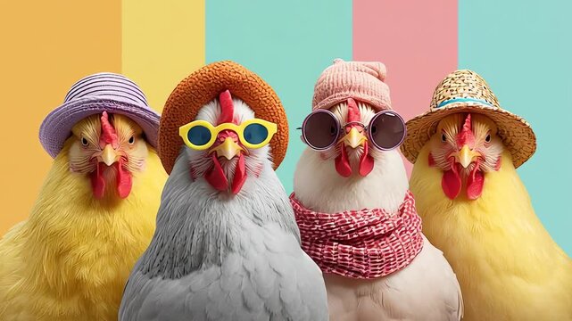 Fashionable Chickens with Hats and Sunglasses on Colorful Background