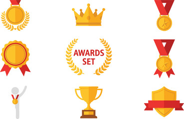 Golden awards set featuring trophy cup gold medals with red ribbons laurel wreaths crown and winner shield icons for achievement victory success and competition ranking.
