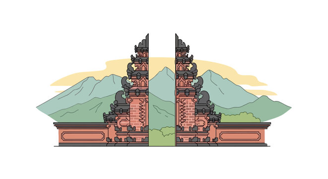 Traditional Balinese Split Gateway Candi Bentar with Majestic Mountain Landscape Illustration
