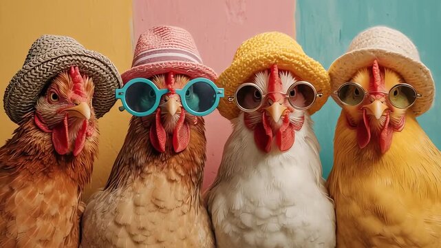 Quirky Chickens in Hats and Sunglasses Funny Animal Group Portrait