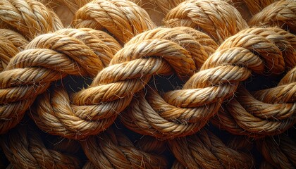 Close-up macro of intertwined, thick, golden-brown cord, creating a repeating pattern. The fibers are textured and detailed in natural lighting