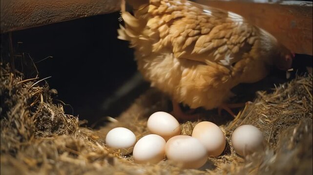 Broody Hen with Fresh Farm Eggs in a Rustic Nest