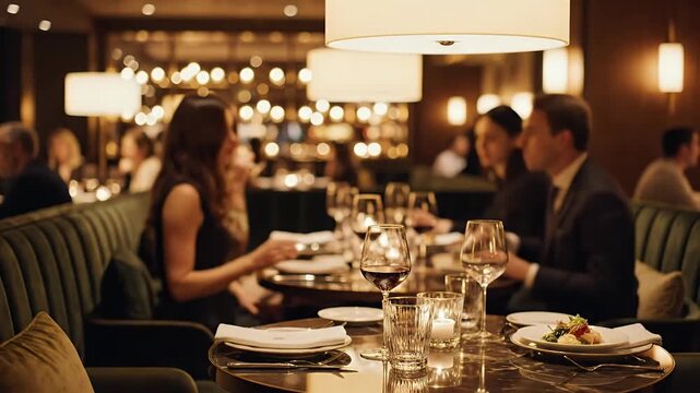 Romantic dinner date at a sophisticated restaurant elegant couple enjoying fine dining with candlelight and wine in a luxurious warm-toned atmosphere