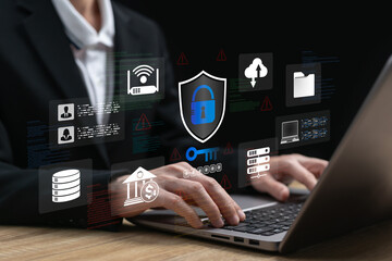 Cybersecurity and Secure Online Authentication Concept, Businesswoman Coding Data Protection System to Prevent Hacking and Scams, Safeguarding Financial Transfers, Personal Data and Digital Documents