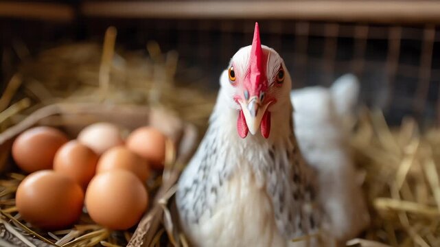 Hen and Fresh Eggs in Nest Farm Life Close Up