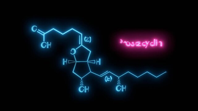 Prostacyclin, prostaglandin I2, PGl2, epoprostenol molecule. It is prostaglandin member of the eicosanoid family of lipid molecules. Neon glowing.