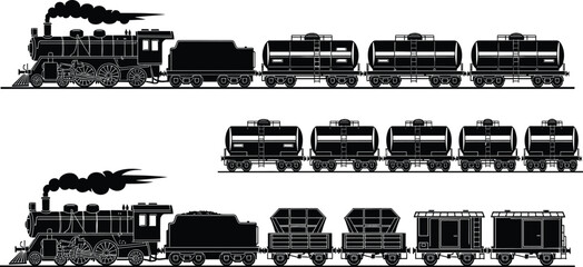 Vintage steam locomotive silhouettes collection, freight train with tanker and cargo wagons vector illustration isolated on white background, railway transportation design © MstSalema