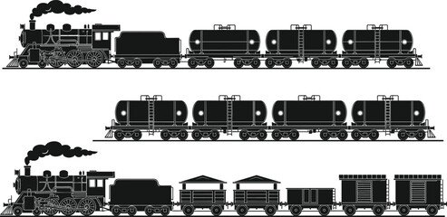 Vintage steam locomotive with tanker and cargo wagons silhouette set, classic railway transport vector illustration isolated on white background © MstSalema