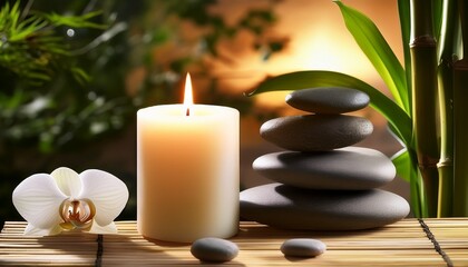 lit candle with stones with spa scene