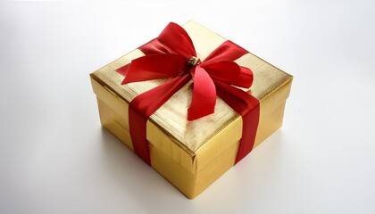 golden gift box with red ribbon celebration and luxury present packaging isolated on white background
