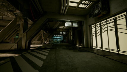 Fototapeta premium dark industrial corridor with harsh shadows, empty futuristic hangar lit by vertical light panels, angular metal beams casting striped patterns on grated