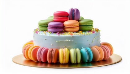 colorful macaron topped cake celebration and dessert artistry isolated on white background