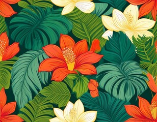 seamless pattern with large tropical flowers and lush green leaves in energetic vibrant color palette for exotic summer textile design