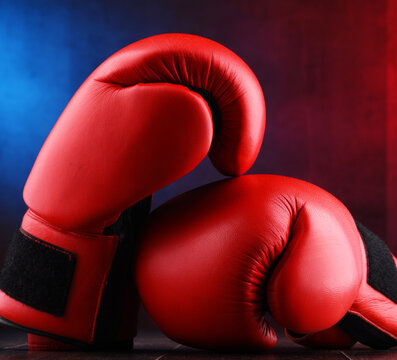 Pair of red leather boxing gloves
