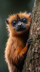 Obraz premium A curious monkey peeking out from behind a tree conveys the wildness of nature and can be used to decorate articles on biodiversity or children's books as an atmospheric background.