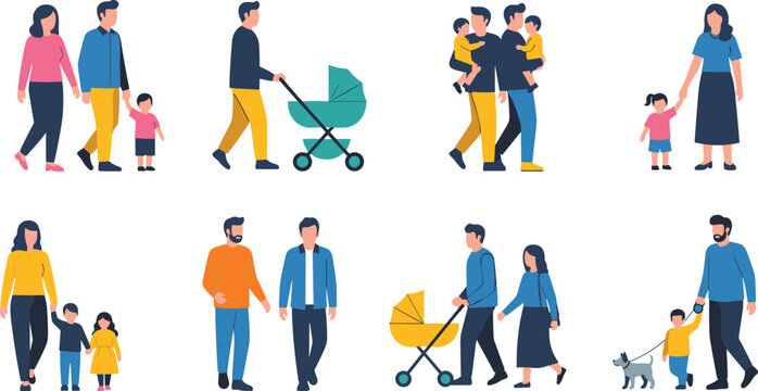 Family activity vector illustration, diverse parents and children in everyday life scenes including walking, strollers, pets, and bonding moments - flat vector illustration