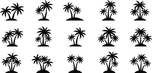 Palm tree silhouette vector illustration, tropical island icons with multiple tree groupings representing summer, travel, and beach themes - flat vector illustration © MD AMINUR