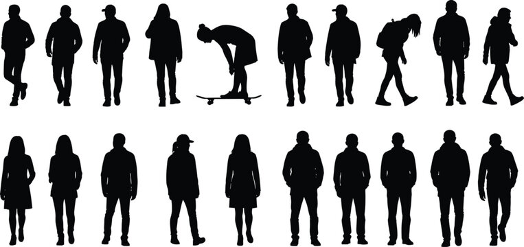 People silhouette vector illustration, diverse figures in casual attire including walking, standing, and skateboard poses - flat vector illustration