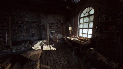 dusty wooden workshop with arched window casting pale light across bench and scattered planks. empty lathe rests beside worn chisels and paper plans, luthier