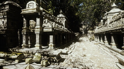 collapsed temple corridor strewn with rubble, toppled stones along carved colonnade, conservation team clearing debris, dust motes swirling in sunlight, © icetray