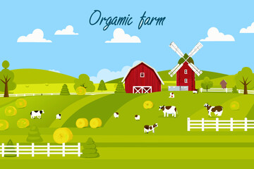 Charming illustration depicts a peaceful organic farm scene with barns and cows © Songita