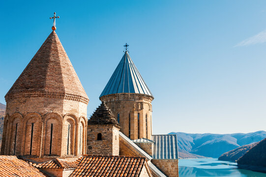 Historic orthodox church with brick dome and cross in Georgia