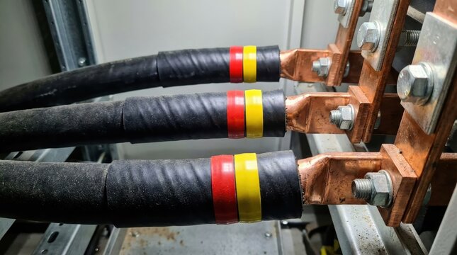 High Voltage Cable Terminations and Copper Lugs Inside Industrial Electrical Switchgear Cabinet