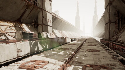 Abandoned industrial corridor with rusted rails leading into haze, empty concrete walkways, towering ruined walls, scattered crates, peeling paint, silent