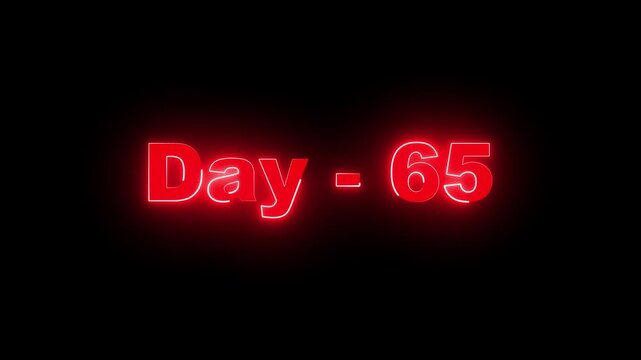 A vibrant digital graphic displaying the text Day 65 in a glowing, neon red font against a solid black background, conveying a sense of countdown, duration, or milestone.