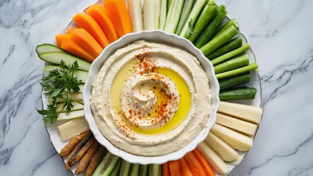Hummus Platter with Fresh Vegetable Sticks and Pita Bread Top View